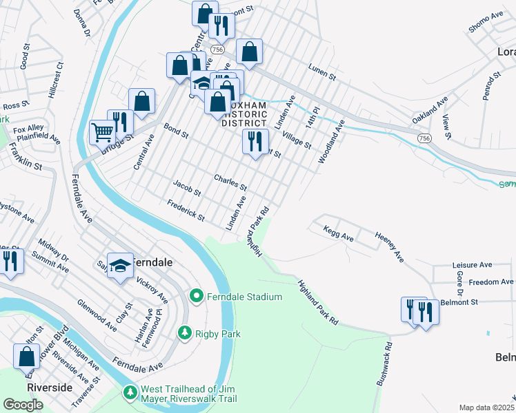 map of restaurants, bars, coffee shops, grocery stores, and more near Webb St in Johnstown