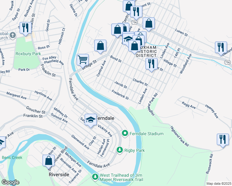 map of restaurants, bars, coffee shops, grocery stores, and more near 173 Frederick St in Johnstown