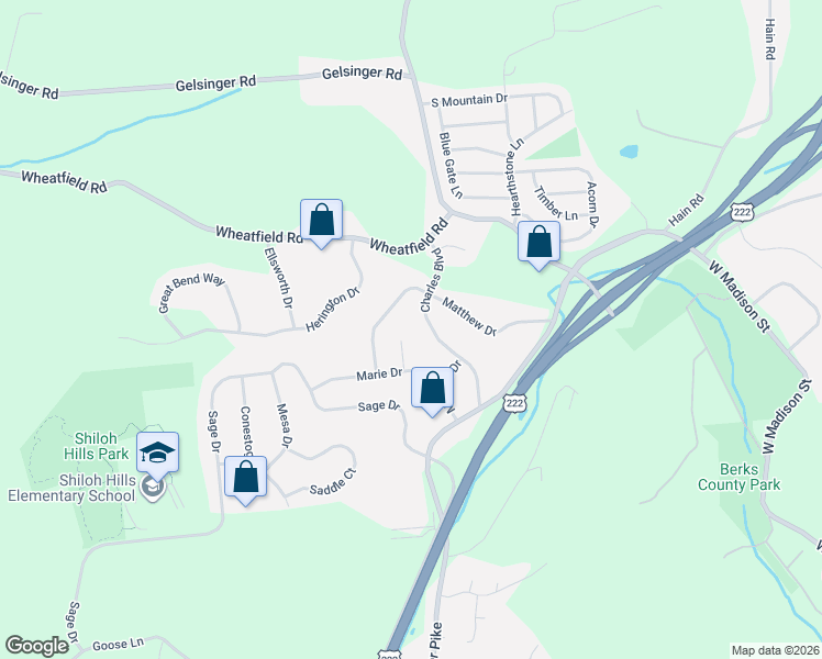 map of restaurants, bars, coffee shops, grocery stores, and more near 108 Charles Boulevard in Sinking Spring