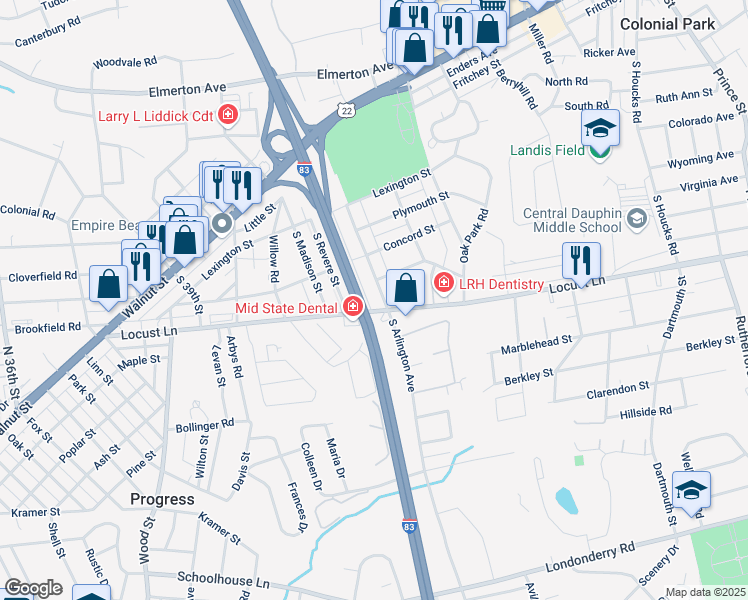 map of restaurants, bars, coffee shops, grocery stores, and more near 216 South Arlington Avenue in Harrisburg