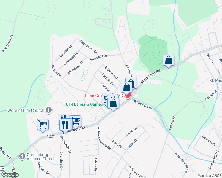map of restaurants, bars, coffee shops, grocery stores, and more near 23 Tami Drive in Greensburg