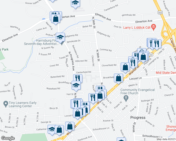 map of restaurants, bars, coffee shops, grocery stores, and more near 3500 Centerfield Road in Harrisburg