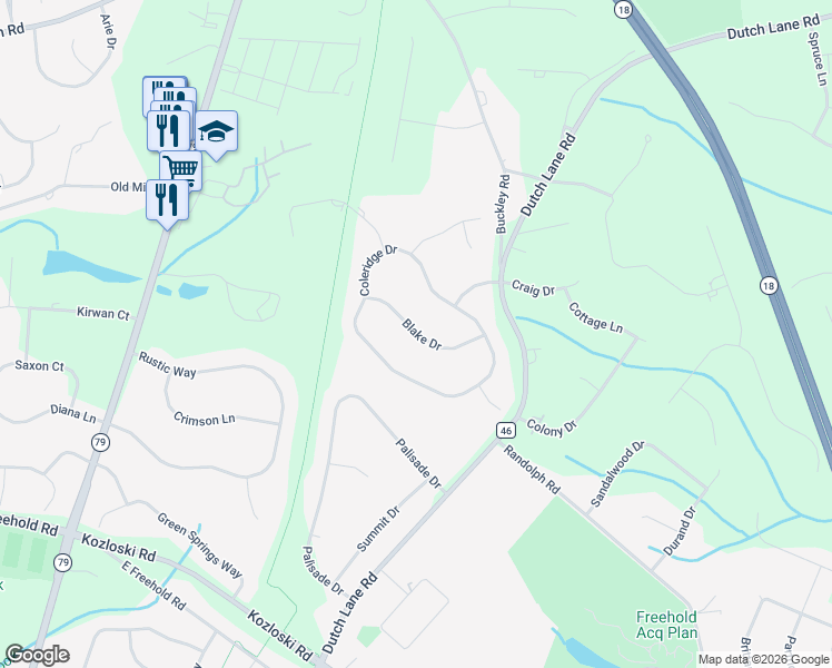 map of restaurants, bars, coffee shops, grocery stores, and more near 9 Blake Drive in Marlboro Township
