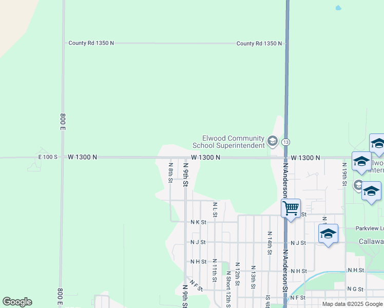 map of restaurants, bars, coffee shops, grocery stores, and more near 9442 West 1300 North in Elwood