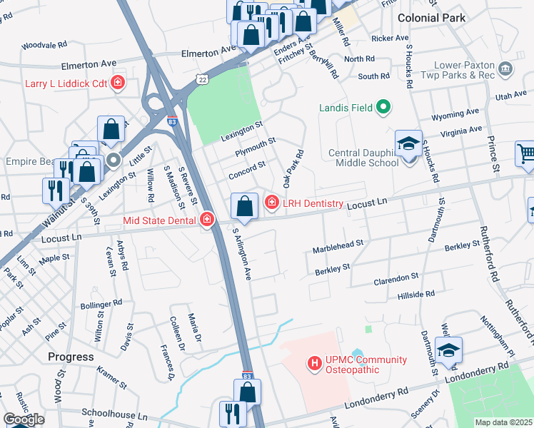 map of restaurants, bars, coffee shops, grocery stores, and more near 249 Locust Grove Court in Harrisburg