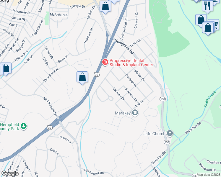 map of restaurants, bars, coffee shops, grocery stores, and more near 530 Santone Dr in Greensburg
