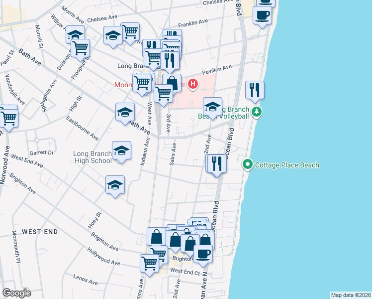 map of restaurants, bars, coffee shops, grocery stores, and more near 18 Coral Place in Long Branch