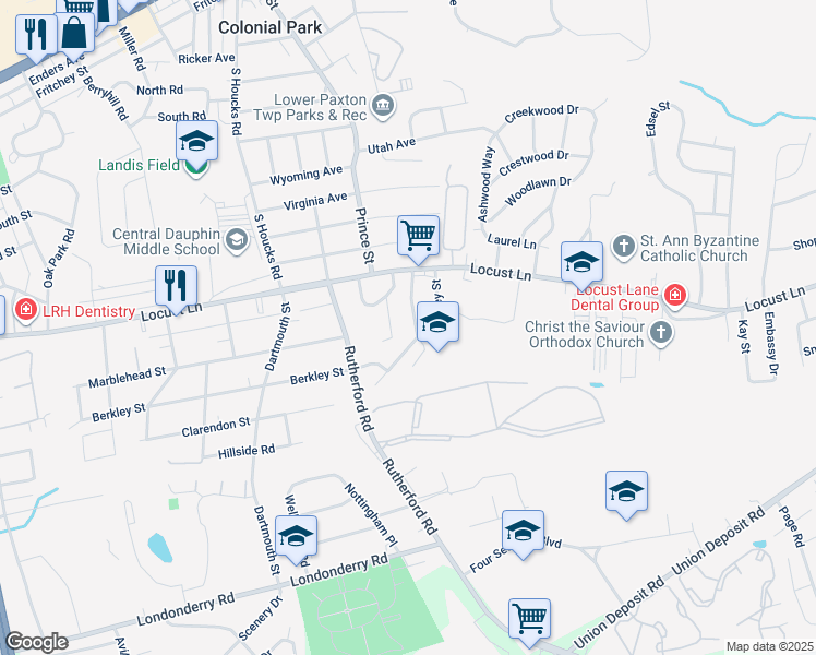 map of restaurants, bars, coffee shops, grocery stores, and more near 9 Oakmont Road in Harrisburg