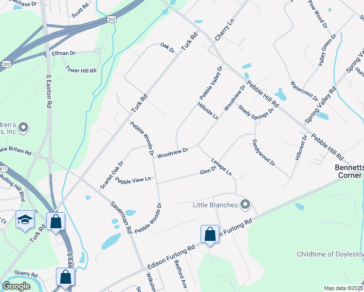 map of restaurants, bars, coffee shops, grocery stores, and more near 126 Woodview Drive in Doylestown