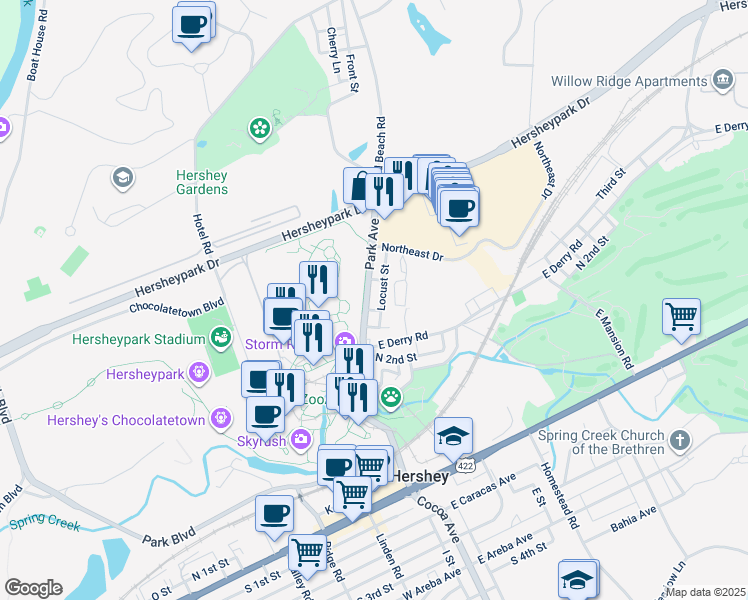 map of restaurants, bars, coffee shops, grocery stores, and more near 508 Park Avenue in Hershey