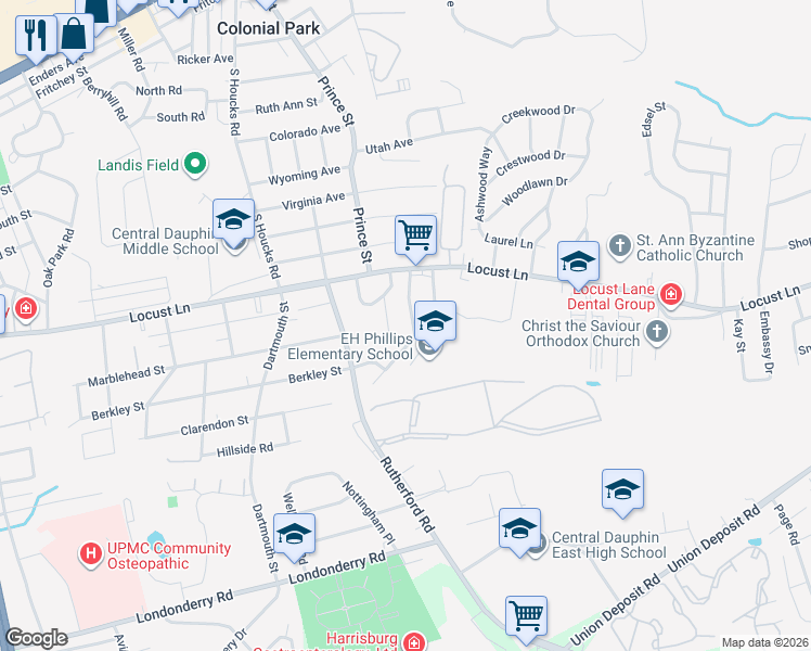 map of restaurants, bars, coffee shops, grocery stores, and more near 11 Chelsea Lane in Harrisburg