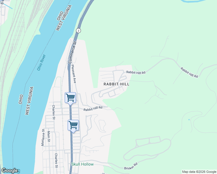 map of restaurants, bars, coffee shops, grocery stores, and more near 567 Rabbit Hill Road in Wellsburg