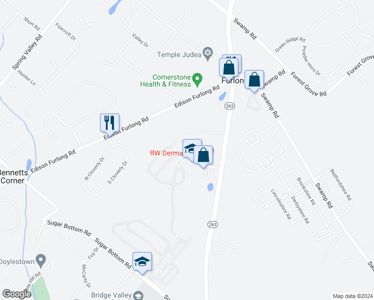 map of restaurants, bars, coffee shops, grocery stores, and more near 2365 Heritage Center Drive in Furlong