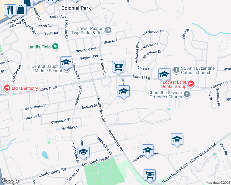 map of restaurants, bars, coffee shops, grocery stores, and more near 9 Oakmont Road in Harrisburg