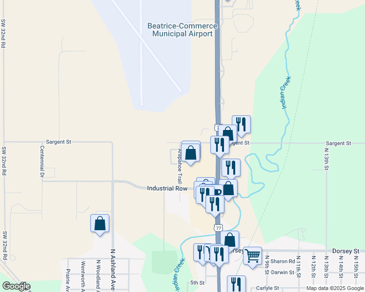 map of restaurants, bars, coffee shops, grocery stores, and more near 2400 Arapahoe Trail in Beatrice