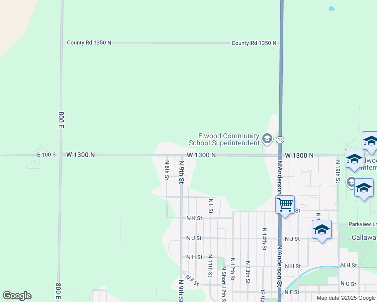 map of restaurants, bars, coffee shops, grocery stores, and more near 9442 West 1300 North in Elwood