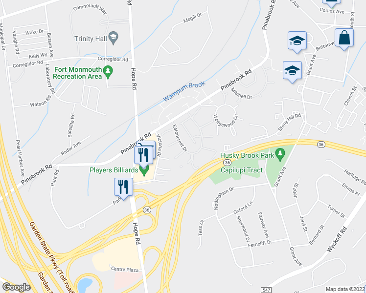 map of restaurants, bars, coffee shops, grocery stores, and more near 215 Eatoncrest Drive in Eatontown
