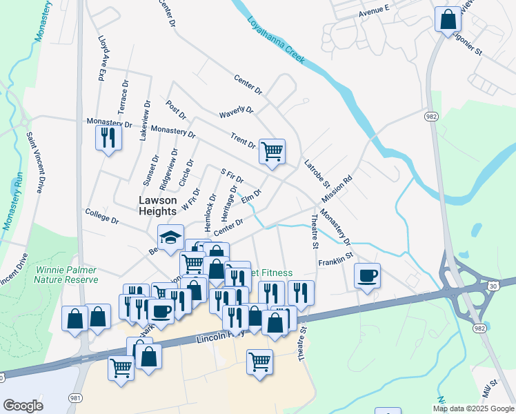 map of restaurants, bars, coffee shops, grocery stores, and more near 5257 Center Drive in Latrobe