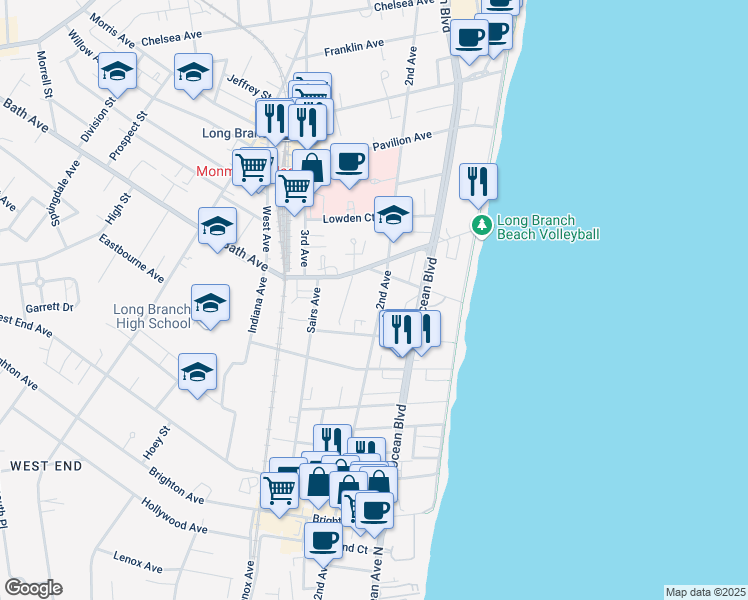 map of restaurants, bars, coffee shops, grocery stores, and more near 408 2nd Avenue in Long Branch