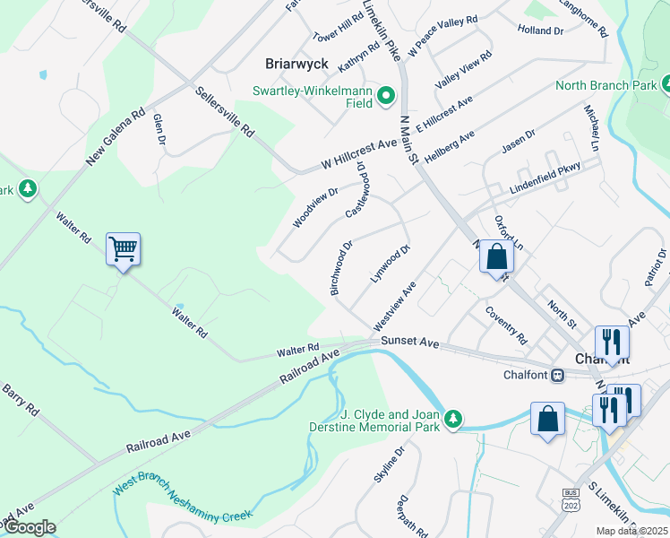 map of restaurants, bars, coffee shops, grocery stores, and more near 89 Birchwood Drive in Chalfont