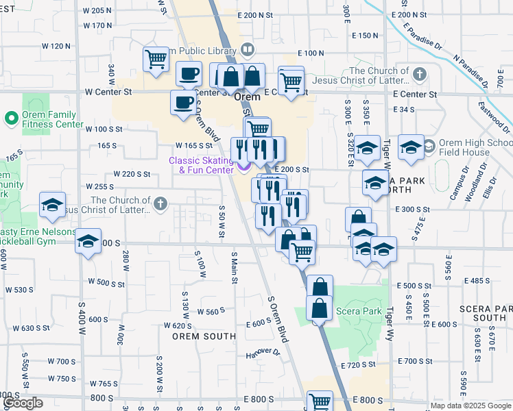 map of restaurants, bars, coffee shops, grocery stores, and more near 360 South State Street in Orem