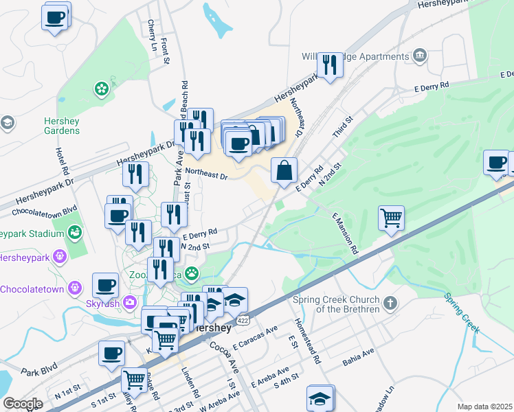map of restaurants, bars, coffee shops, grocery stores, and more near 175A East Derry Road in Hershey