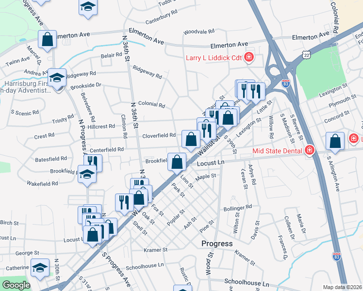 map of restaurants, bars, coffee shops, grocery stores, and more near 3807 Centerfield Road in Harrisburg