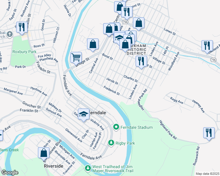 map of restaurants, bars, coffee shops, grocery stores, and more near 173 Frederick Street in Johnstown
