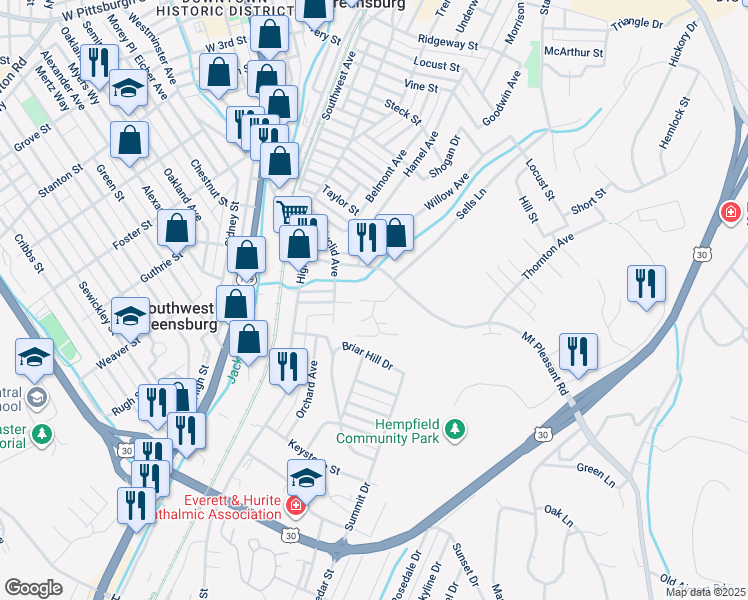 map of restaurants, bars, coffee shops, grocery stores, and more near 306 Sheetz Way in Greensburg