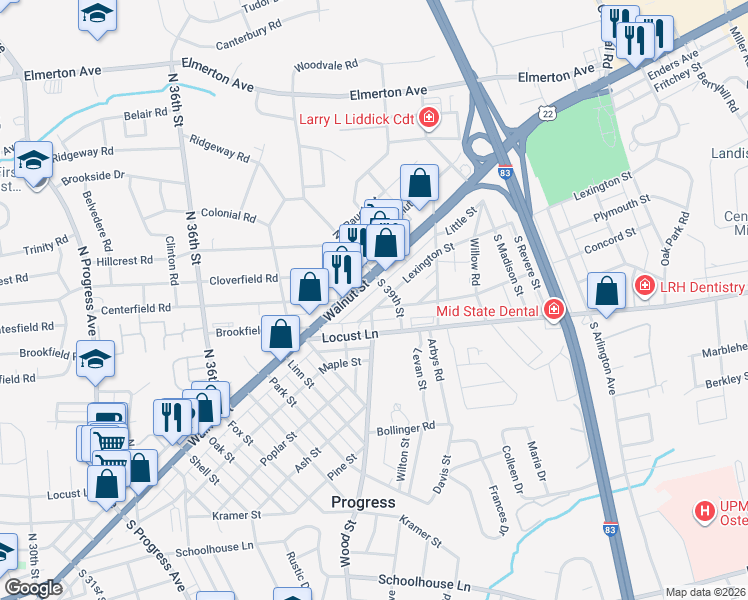 map of restaurants, bars, coffee shops, grocery stores, and more near 3828 Lexington Street in Harrisburg