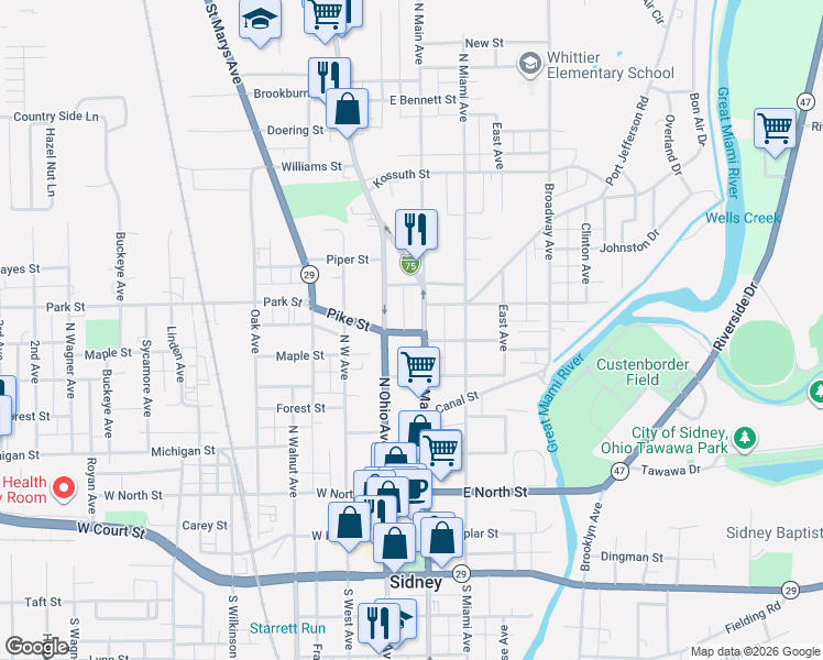map of restaurants, bars, coffee shops, grocery stores, and more near 537 North Main Avenue in Sidney