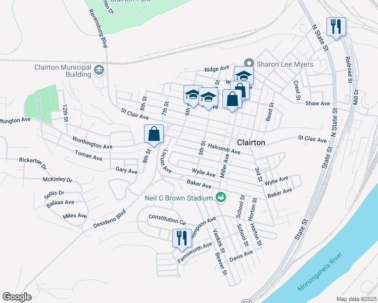 map of restaurants, bars, coffee shops, grocery stores, and more near 520 Mitchell Avenue in Clairton