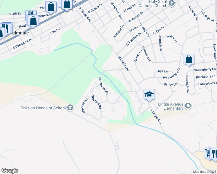 map of restaurants, bars, coffee shops, grocery stores, and more near 801 Cambridge Court in Palmyra