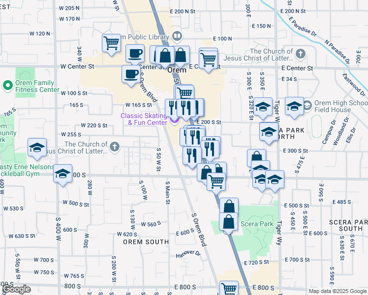 map of restaurants, bars, coffee shops, grocery stores, and more near 360 South State Street in Orem