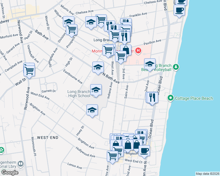 map of restaurants, bars, coffee shops, grocery stores, and more near 385 Indiana Avenue in Long Branch