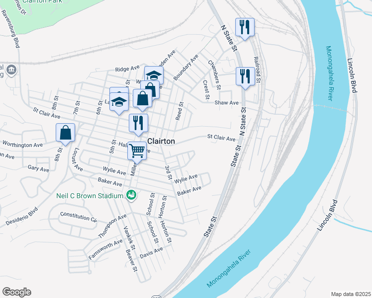 map of restaurants, bars, coffee shops, grocery stores, and more near 199 Halcomb Avenue in Clairton