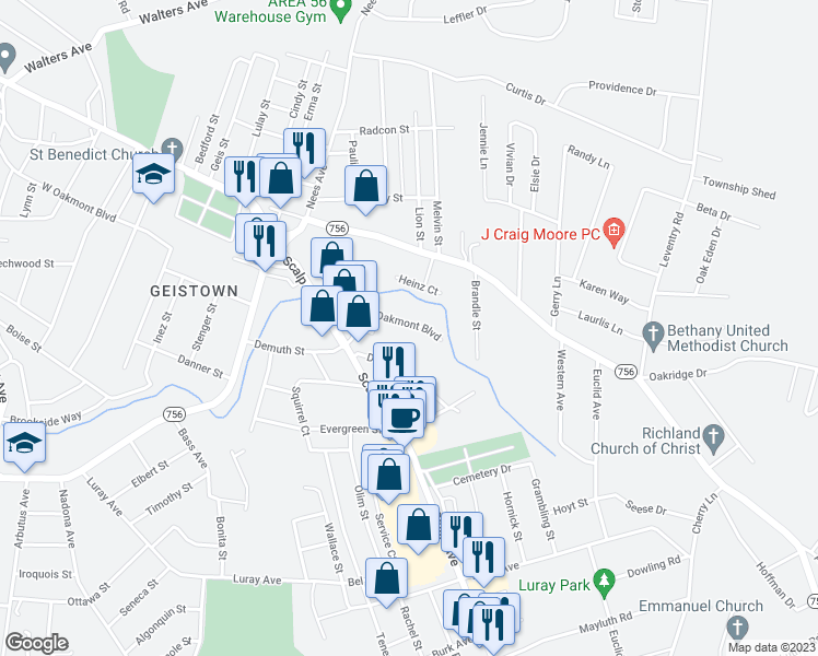 map of restaurants, bars, coffee shops, grocery stores, and more near 724 East Oakmont Boulevard in Johnstown