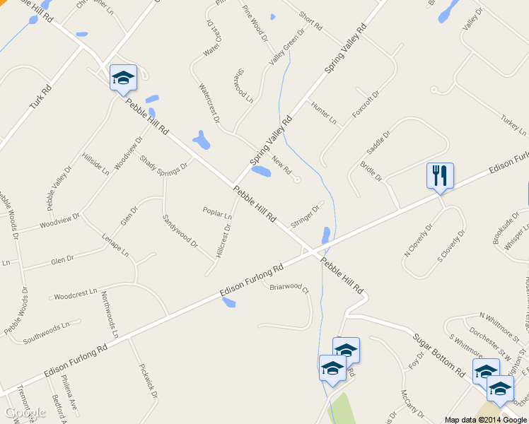map of restaurants, bars, coffee shops, grocery stores, and more near 948 Pebble Hill Road in Doylestown