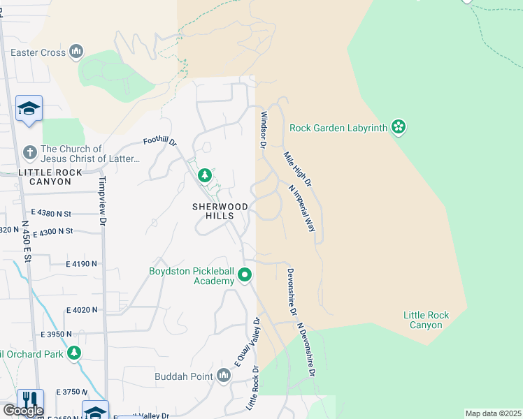 map of restaurants, bars, coffee shops, grocery stores, and more near 4307 Churchill Drive in Provo