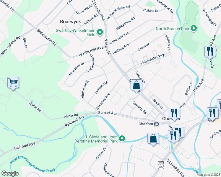 map of restaurants, bars, coffee shops, grocery stores, and more near 45 Westview Avenue in Chalfont