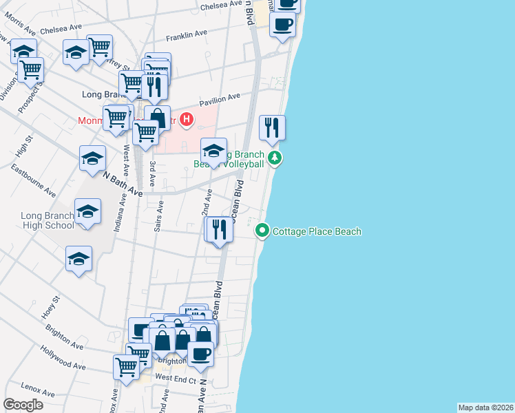 map of restaurants, bars, coffee shops, grocery stores, and more near 385 Ocean Boulevard in Long Branch