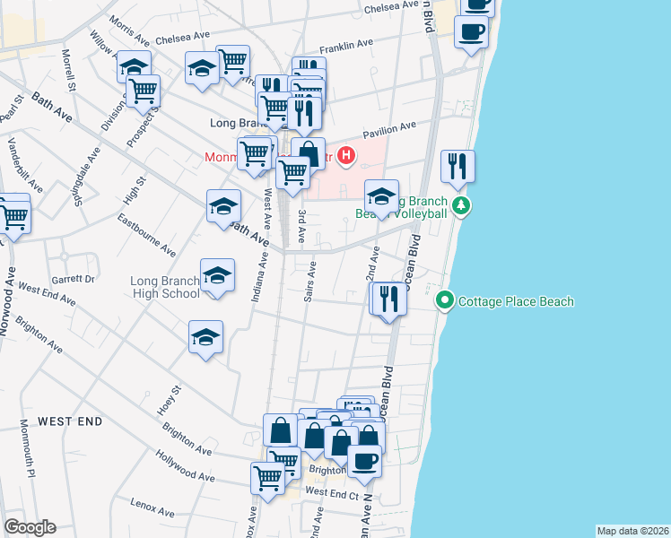 map of restaurants, bars, coffee shops, grocery stores, and more near 18 Coral Place in Long Branch