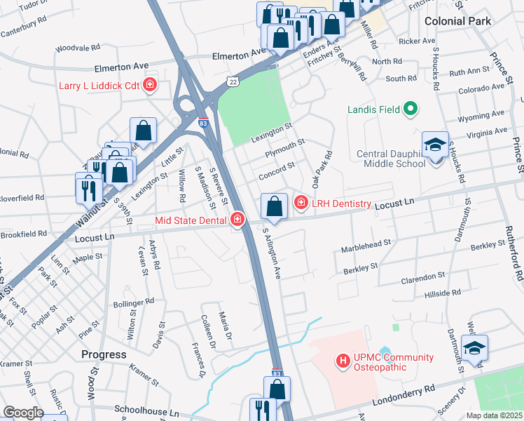 map of restaurants, bars, coffee shops, grocery stores, and more near 4210 Locust Lane in Harrisburg