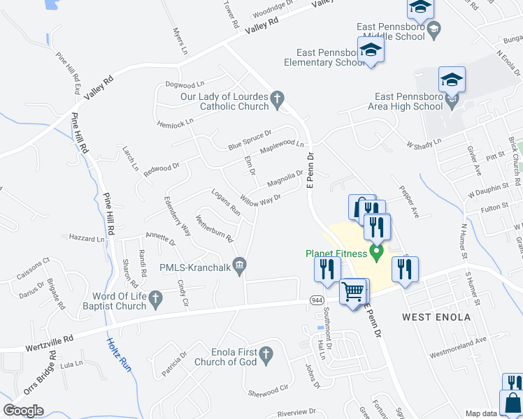 map of restaurants, bars, coffee shops, grocery stores, and more near 130 Carol Lane in Enola