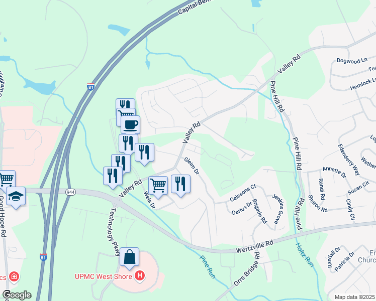 map of restaurants, bars, coffee shops, grocery stores, and more near 2339 Gleim Drive in Enola