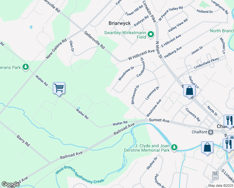 map of restaurants, bars, coffee shops, grocery stores, and more near 65 Castlewood Drive in Chalfont