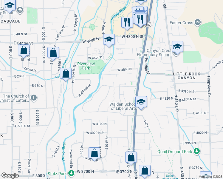 map of restaurants, bars, coffee shops, grocery stores, and more near 4380 Stone Creek Lane in Provo