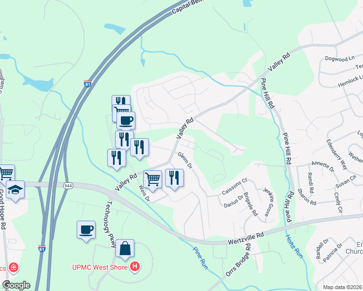 map of restaurants, bars, coffee shops, grocery stores, and more near 2339 Gleim Drive in Enola