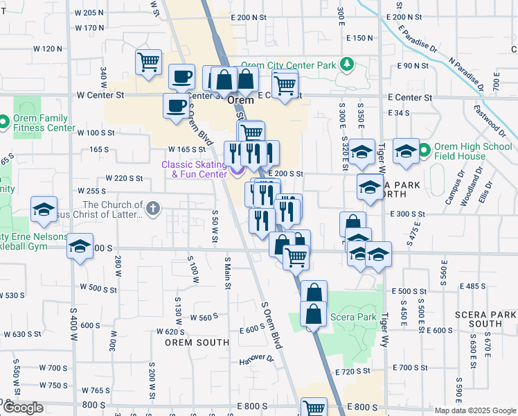 map of restaurants, bars, coffee shops, grocery stores, and more near 320 State Street in Orem