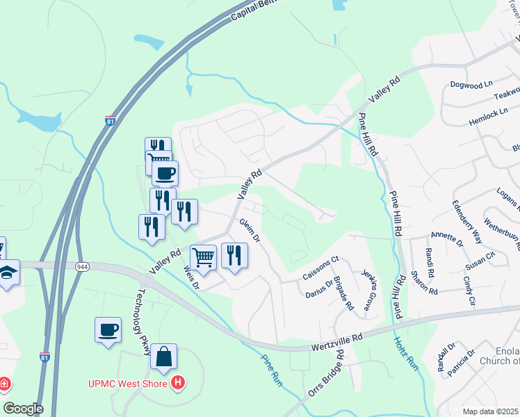 map of restaurants, bars, coffee shops, grocery stores, and more near 2317 Gleim Drive in Enola